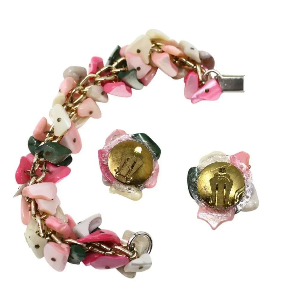 Vintage Chunky Shell Bracelet Clip On Earring Set Pink Shiny Beachy - Hey Viv